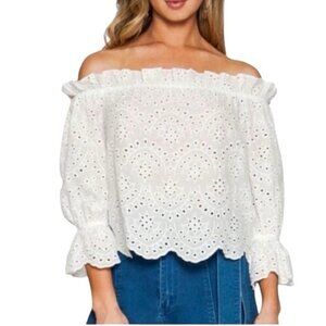 Flying Tomato White Eyelet Lace Off The Shoulder Boho Cropped Top Shirt Jr Large